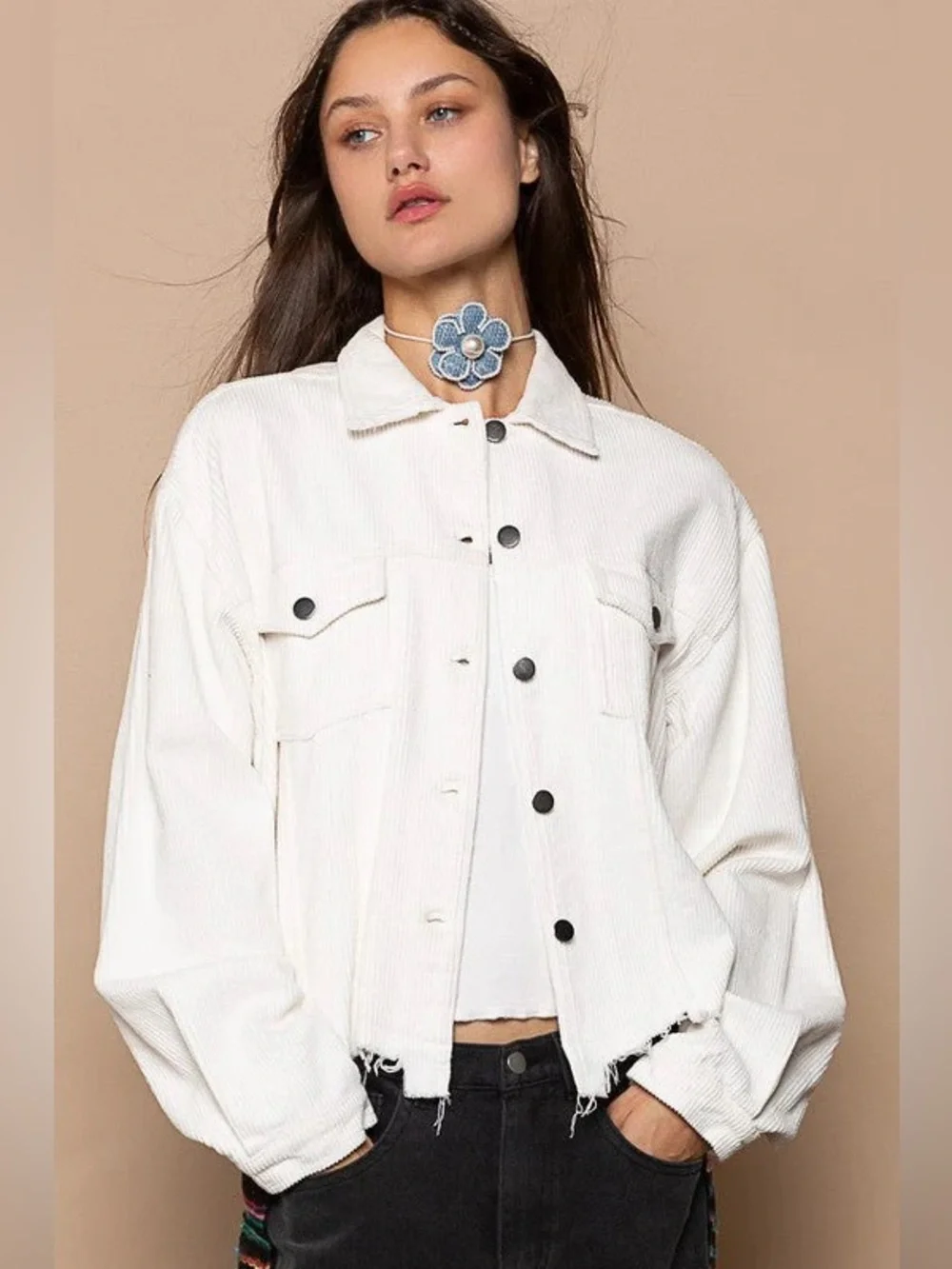 POL Corduroy Distressed Frayed Trucker Jacket Shacket Cream M